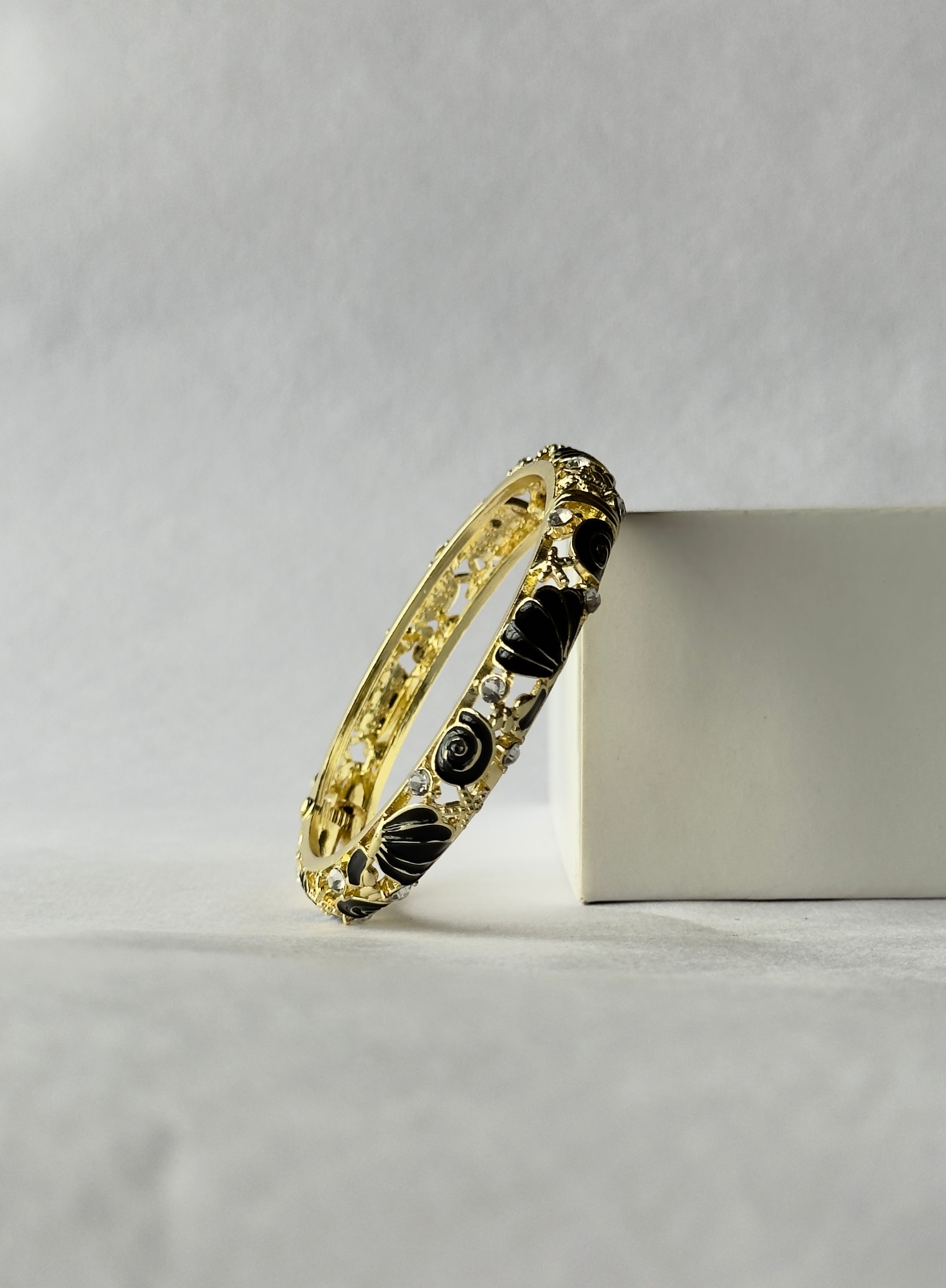 Black Meenakari Kada | Gold Floral Enamel Bangle | Anti-Tarnish