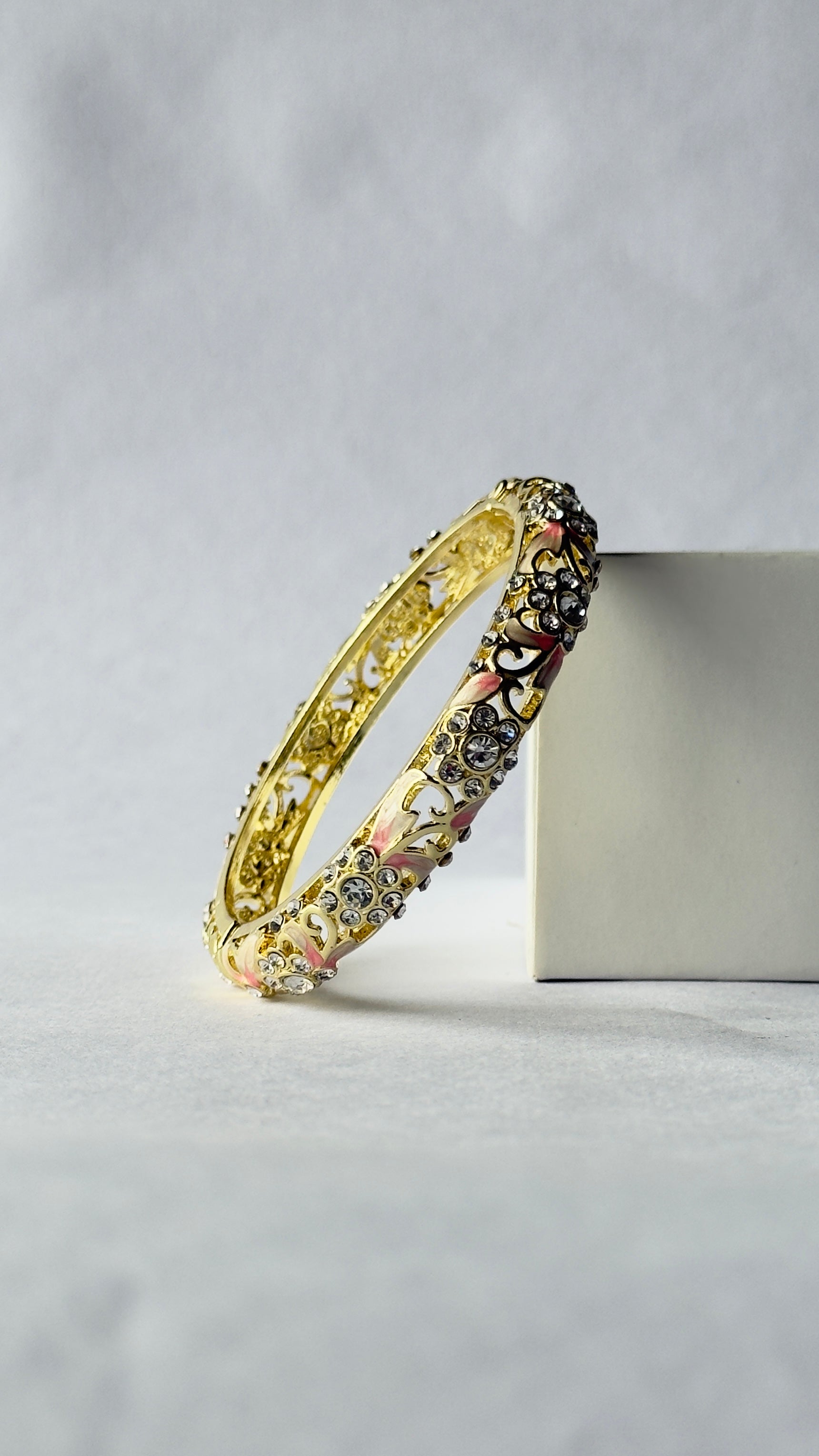 Ivory Pink Meenakari Kada | Crystal Stone Enamel Bangle | Anti-Tarnish
